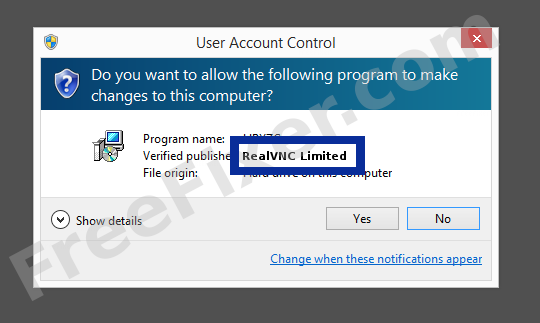 Screenshot where RealVNC Limited appears as the verified publisher in the UAC dialog